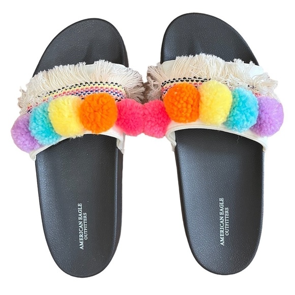 American Eagle Outfitters Shoes - American Eagle Rainbow Pom Pom Slide Sandals Size 8 Y
